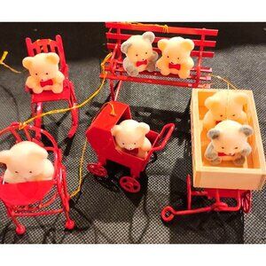 5 Vintage Miniature Teddy Bear Christmas Ornaments Red Decor